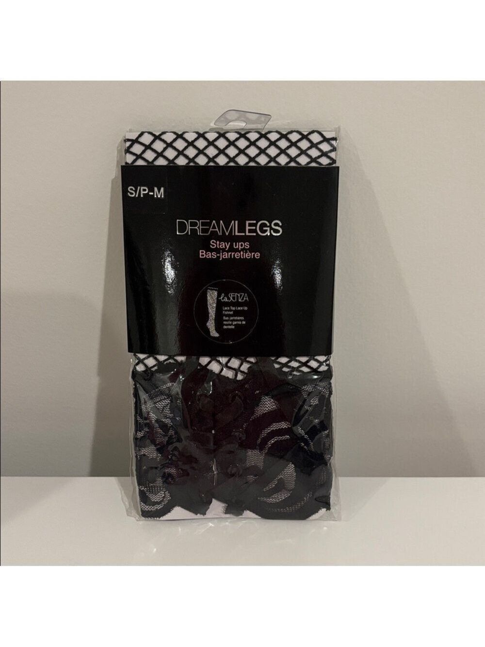 La SENZA Dreamlegs Stayups Black Fishnet Stockings lace top Lace up NEW size s/m - Picture 7 of 7